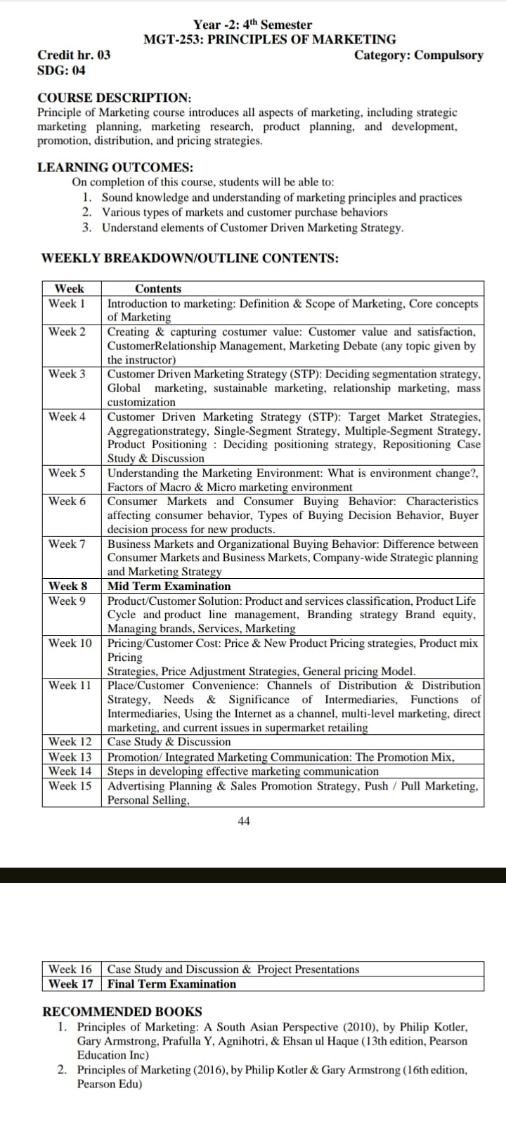 Scanned MGT-253 Principles of Marketing syllabus outline